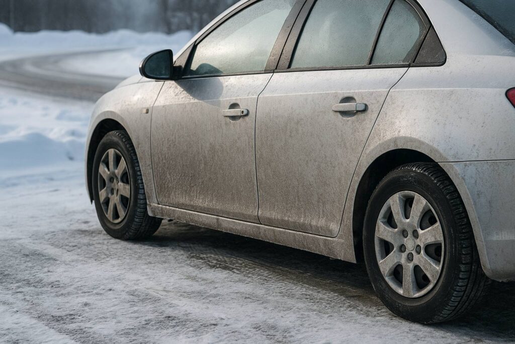 Silbernes Auto im Winter mit deutlich sichtbarem Streusalzfilm auf dem Lack, geparkt auf einer verschneiten Straße bei kaltem Wetter.