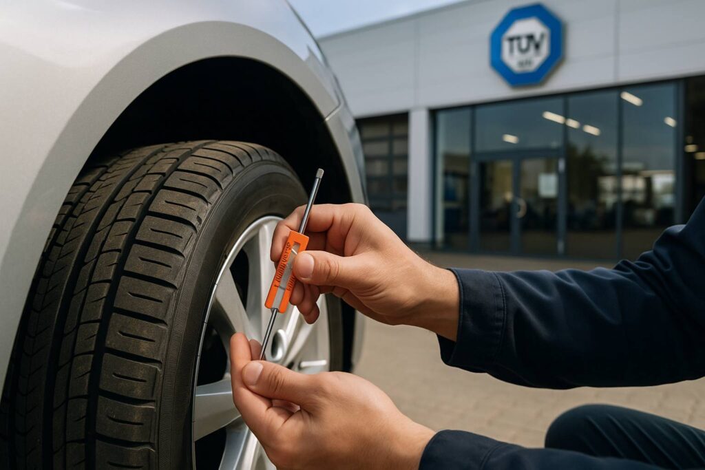 Reifenkontrolle vor dem TÜV: Profiltiefe wird mit Messgerät an einem Autoreifen geprüft.