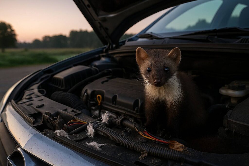 Marder sitzt im Motorraum eines Autos neben zerbissenen Kabeln und Fellresten bei Sonnenaufgang – typisches Szenario für Marderschaden am Auto.