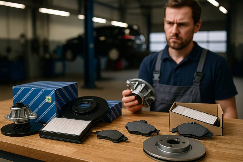 Ein Mechaniker in einer Autowerkstatt betrachtet zwei nebeneinander liegende Autoteile auf einer Werkbank – links ein original verpacktes Ersatzteil mit Markenkennzeichnung, rechts ein sichtbares Billigteil ohne Logo und mit einfacher Verpackung.