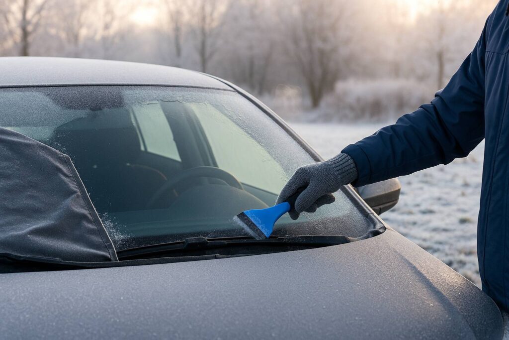 Person kratzt an einem frostbedeckten Wintermorgen mit einem blauen Eiskratzer die Windschutzscheibe eines Autos frei; im Hintergrund sind vereiste Bäume und Sonnenaufgang zu sehen.

