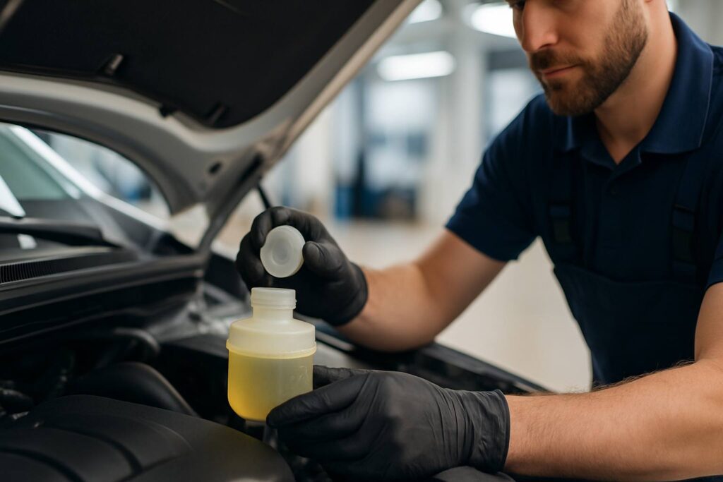 Mechaniker prüft den Bremsflüssigkeitsstand eines Autos, hält den Deckel des Ausgleichsbehälters in der Hand; im Vordergrund der halbtransparente Behälter mit gelblicher Flüssigkeit, im Hintergrund eine helle Werkstattumgebung.