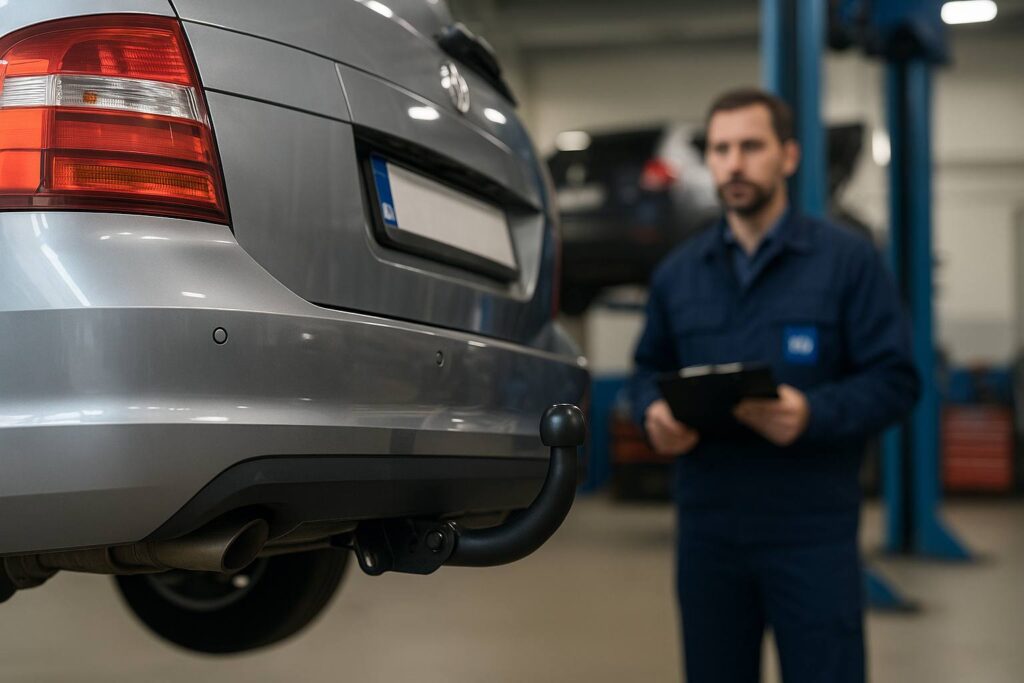 Auto in der Werkstatt mit montierter Anhängerkupplung, im Hintergrund prüft ein TÜV-Mitarbeiter das Fahrzeug.