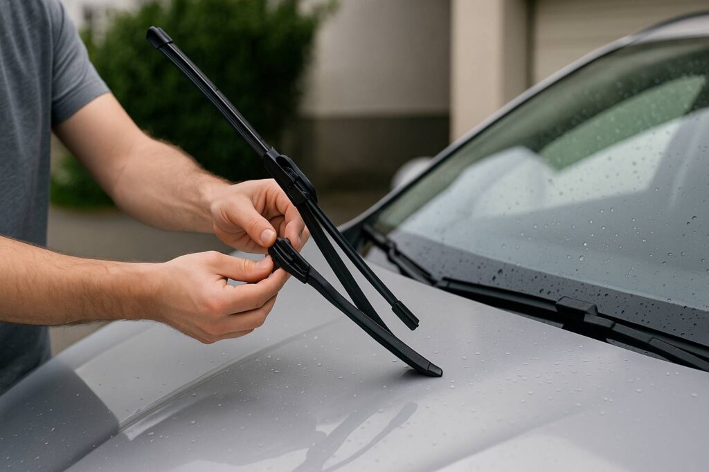 Person wechselt einen Scheibenwischer an der Frontscheibe eines Autos; Fokus liegt auf den Händen und dem Wischerarm bei leicht nasser Windschutzscheibe.
