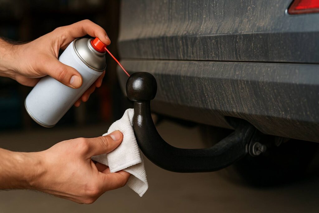 Hand sprüht Schmiermittel auf den Kugelkopf einer abnehmbaren Anhängerkupplung an einem leicht verschmutzten Auto, Reinigung mit Tuch in einer Garage.