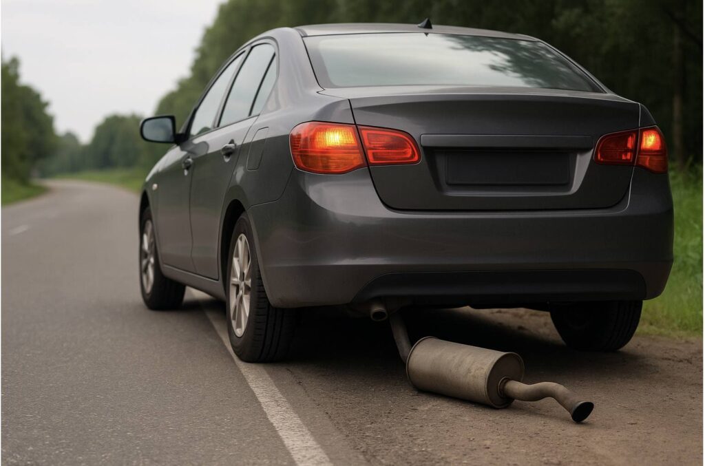 Abgefallener Auspuff unter einem geparkten grauen Auto am Straßenrand, Warnblinker eingeschaltet, ländliche Straße im Hintergrund.