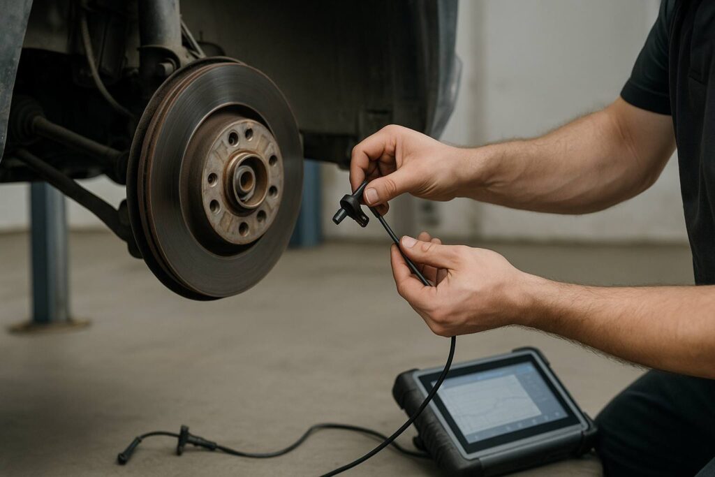 Mechaniker tauscht einen ABS-Sensor an der Radnabe eines Autos aus; im Vordergrund sichtbar sind Bremsscheibe, Sensorkabel und ein Diagnosegerät in einer Werkstatt.