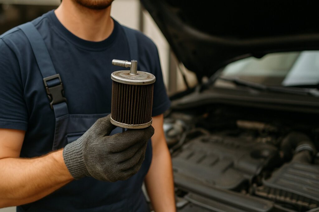 Mechaniker in Arbeitskleidung hält einen gebrauchten, verschmutzten Kraftstofffilter vor einem offenen Motorraum – Fokus auf dem Filter, unscharfer Hintergrund.