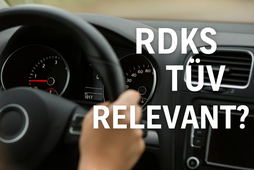 Nahaufnahme eines Auto-Cockpits mit leuchtender Reifendruck-Kontrollleuchte im Display und Blick auf den Tacho. Eine Hand hält das Lenkrad, daneben steht der Text „RDKS TÜV relevant?“. Das Bild thematisiert die Relevanz des Reifendruckkontrollsystems bei der Hauptuntersuchung.