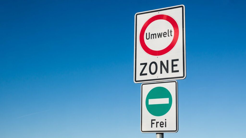 Ein Verkehrszeichenpaar vor einem klaren, wolkenlosen, intensiv blauen Himmel.